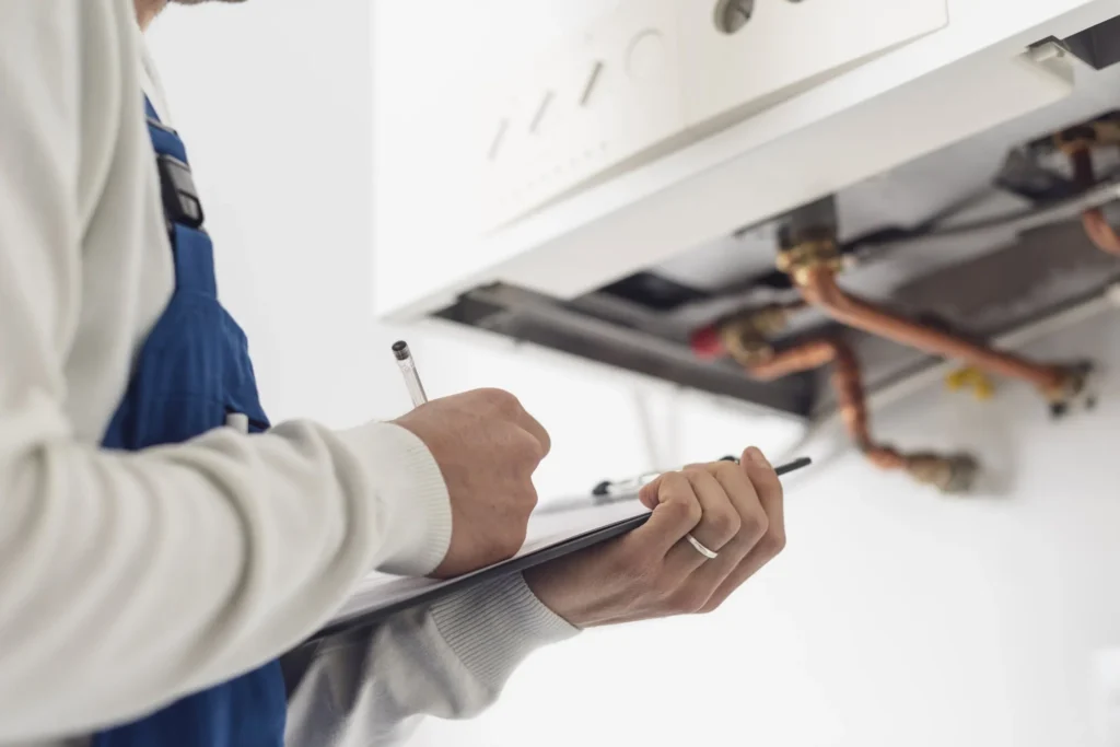 Technician inspecting boilerheating system resized